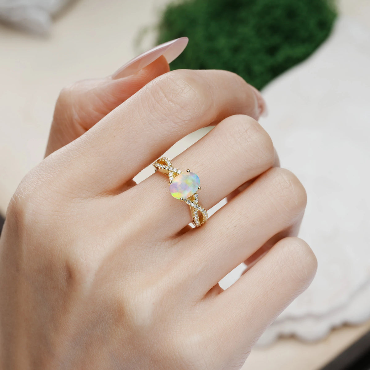Oval Cut Fire Opal Classic Proposal Gift Infinity Twist Pavé Band Engagement Ring