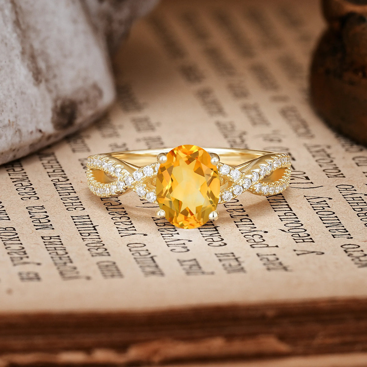 Classic Proposal Gift Oval Cut Infinity Twist Pavé Band Citrine Engagement Ring