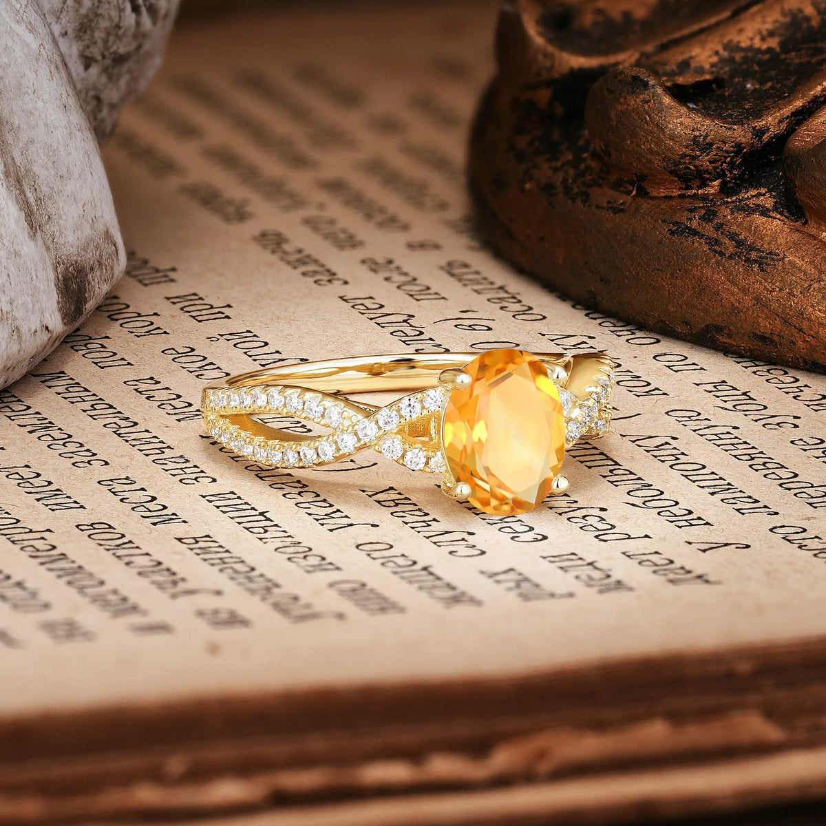Classic Proposal Gift Oval Cut Infinity Twist Pavé Band Citrine Engagement Ring