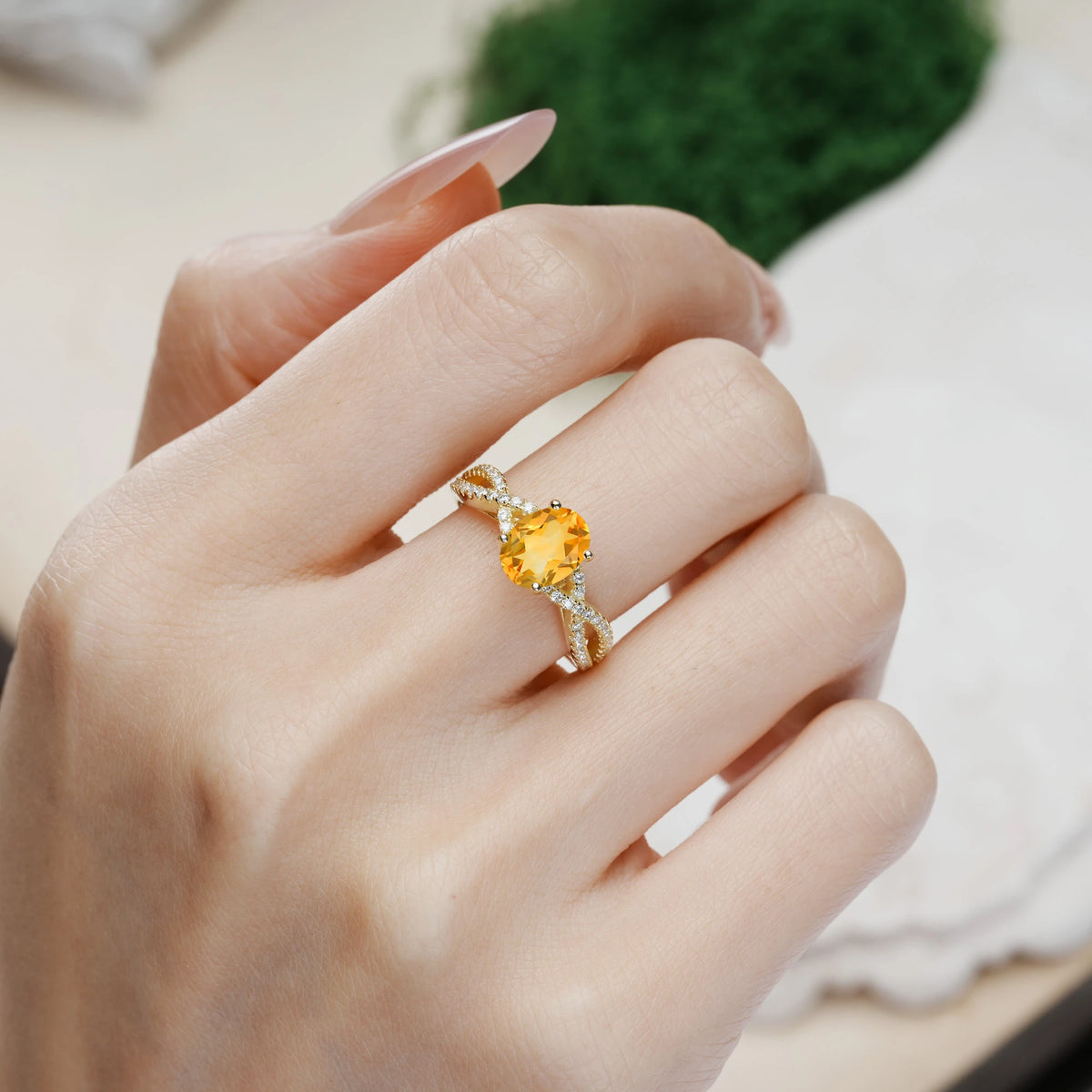 Oval Cut Citrine Classic Proposal Gift Infinity Twist Pavé Band Engagement Ring