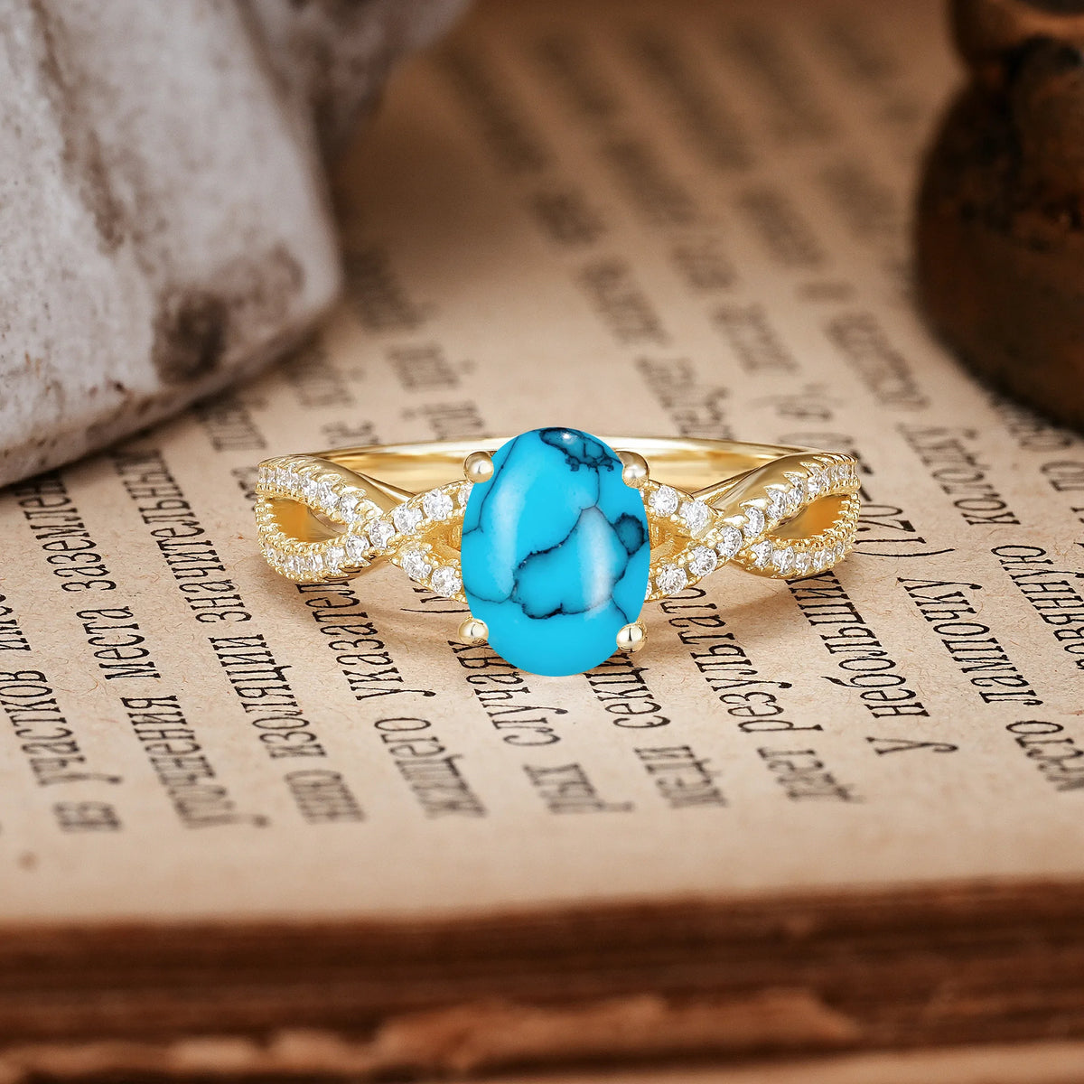 Classic Proposal Gift Oval Cut Infinity Twist Pavé Band Turquoise Engagement Ring
