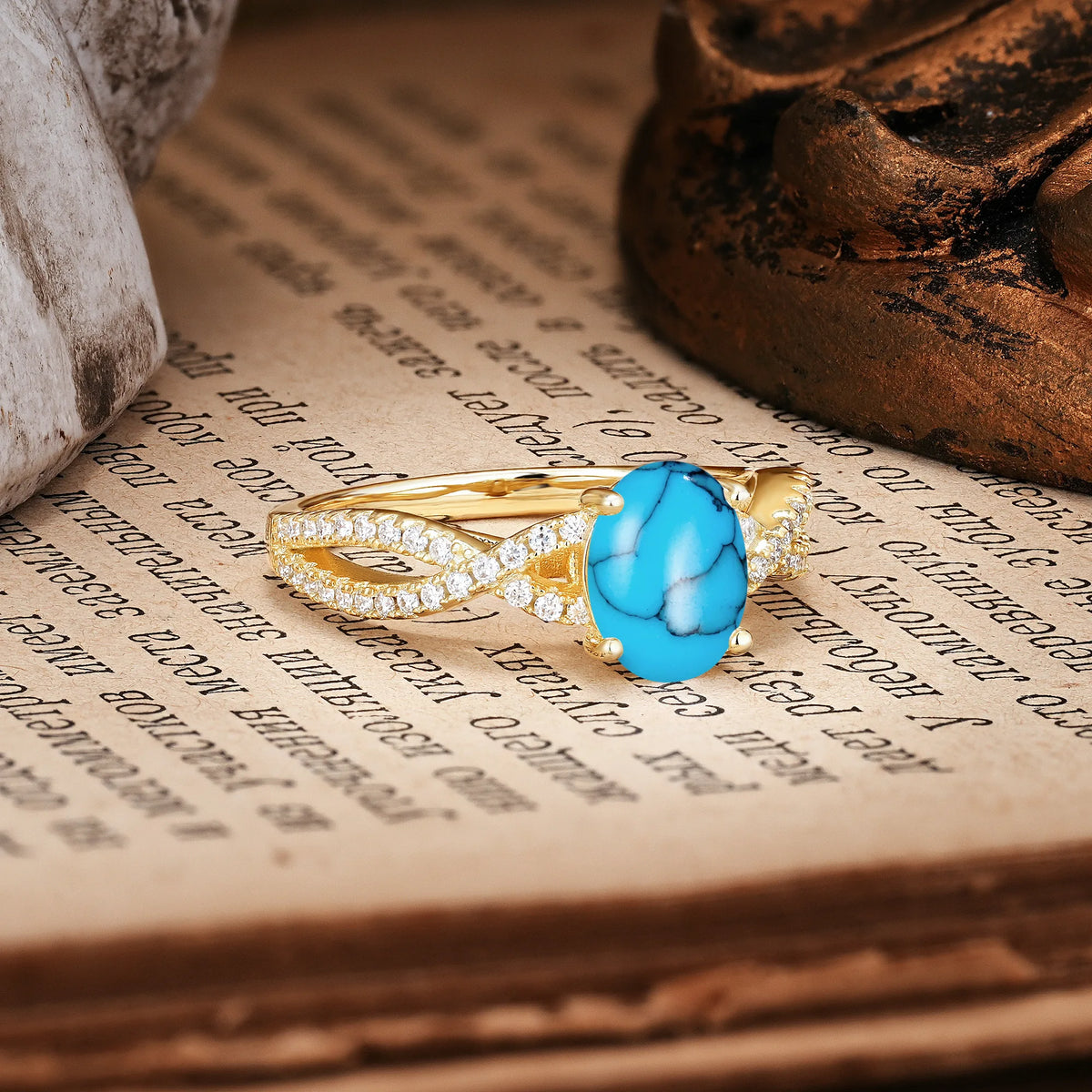 Classic Proposal Gift Oval Cut Infinity Twist Pavé Band Turquoise Engagement Ring