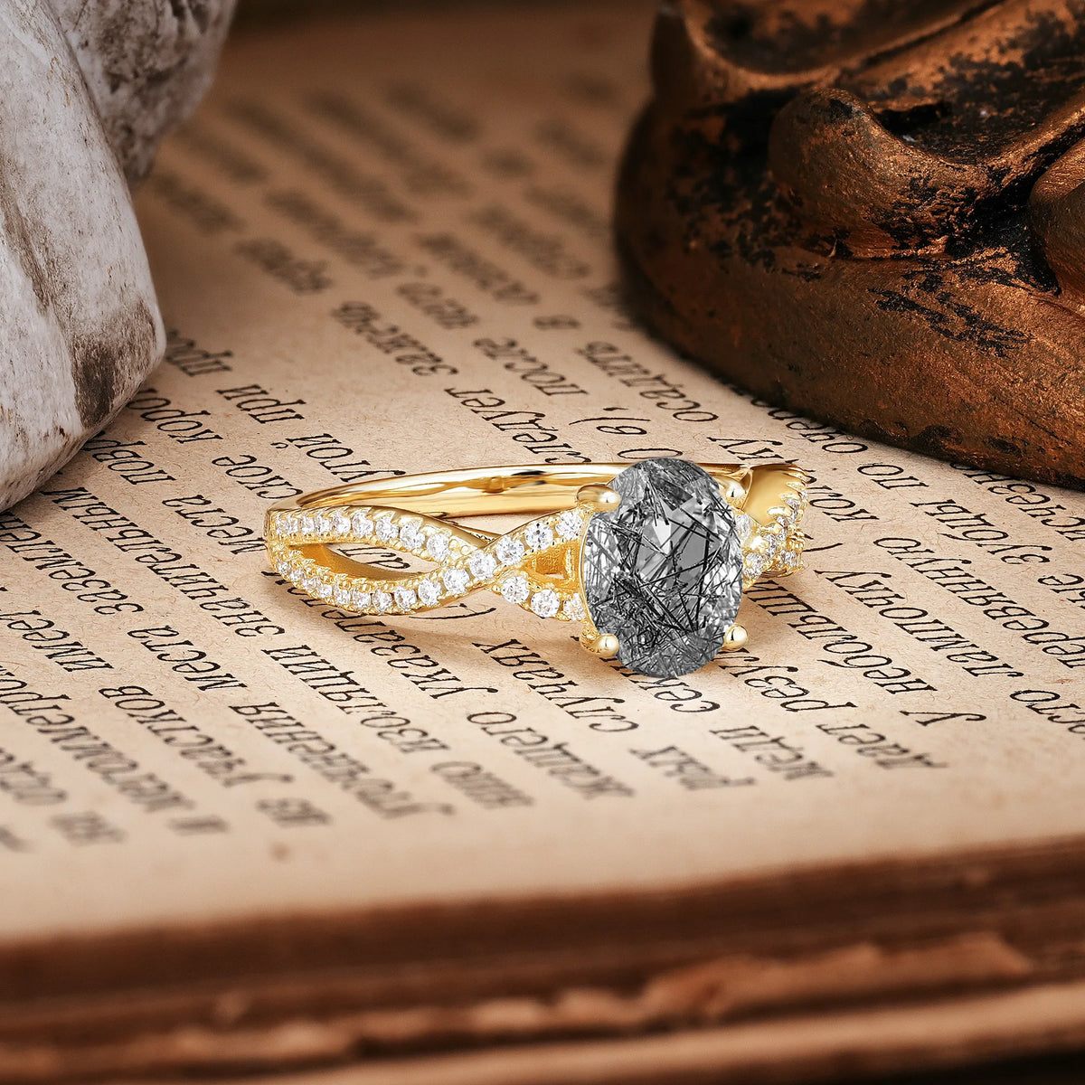 Classic Proposal Gift Oval Cut Infinity Twist Pavé Band Black Rutilated Quartz Engagement Ring