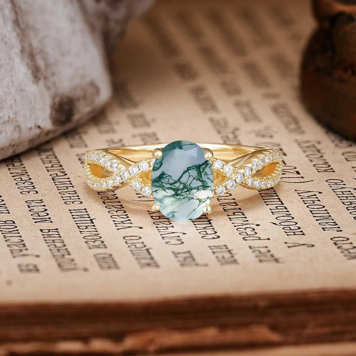 Classic Proposal Gift Oval Cut Infinity Twist Pavé Band Moss Agate Engagement Ring
