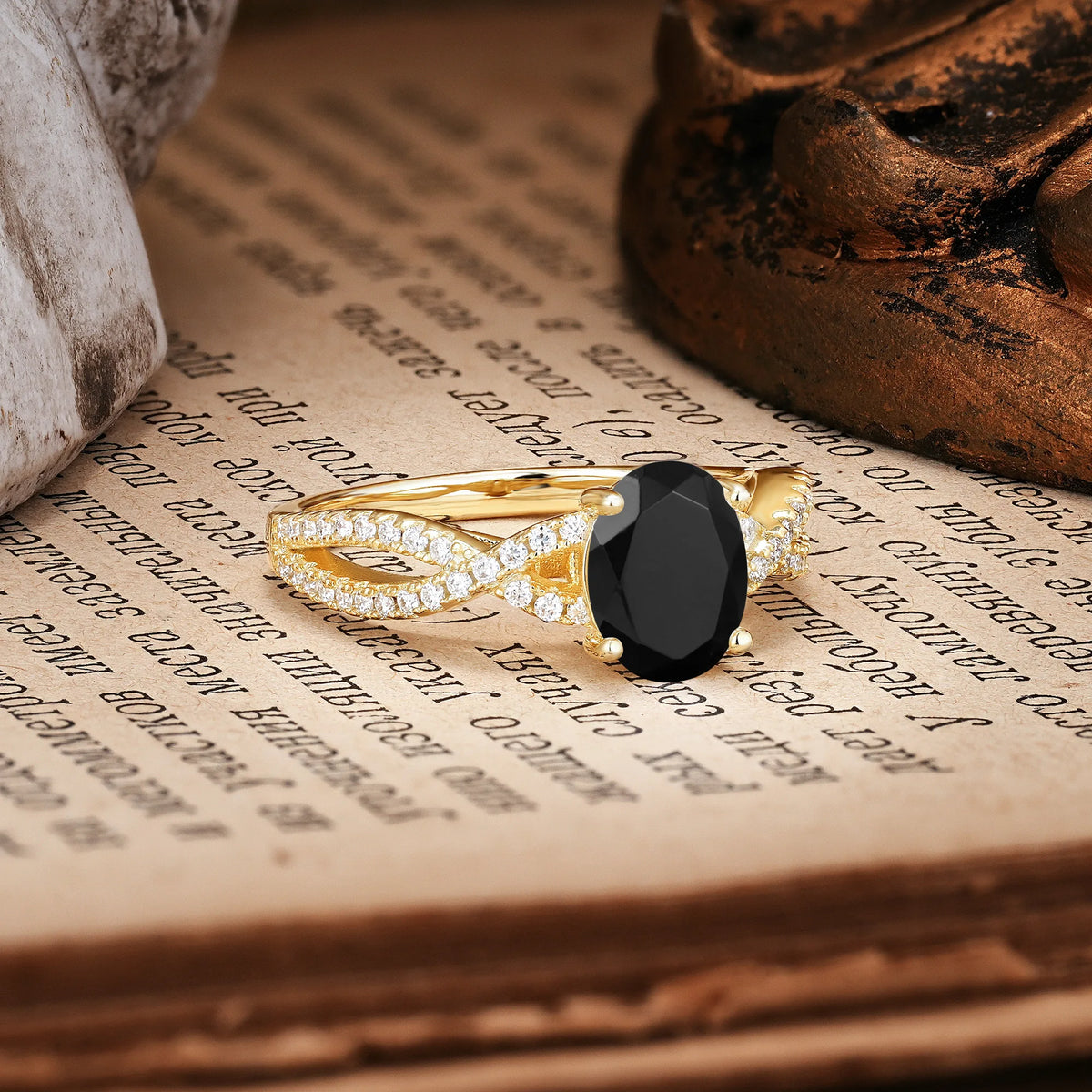 Classic Proposal Gift Oval Cut Infinity Twist Pavé Band Black Onyx Engagement Ring