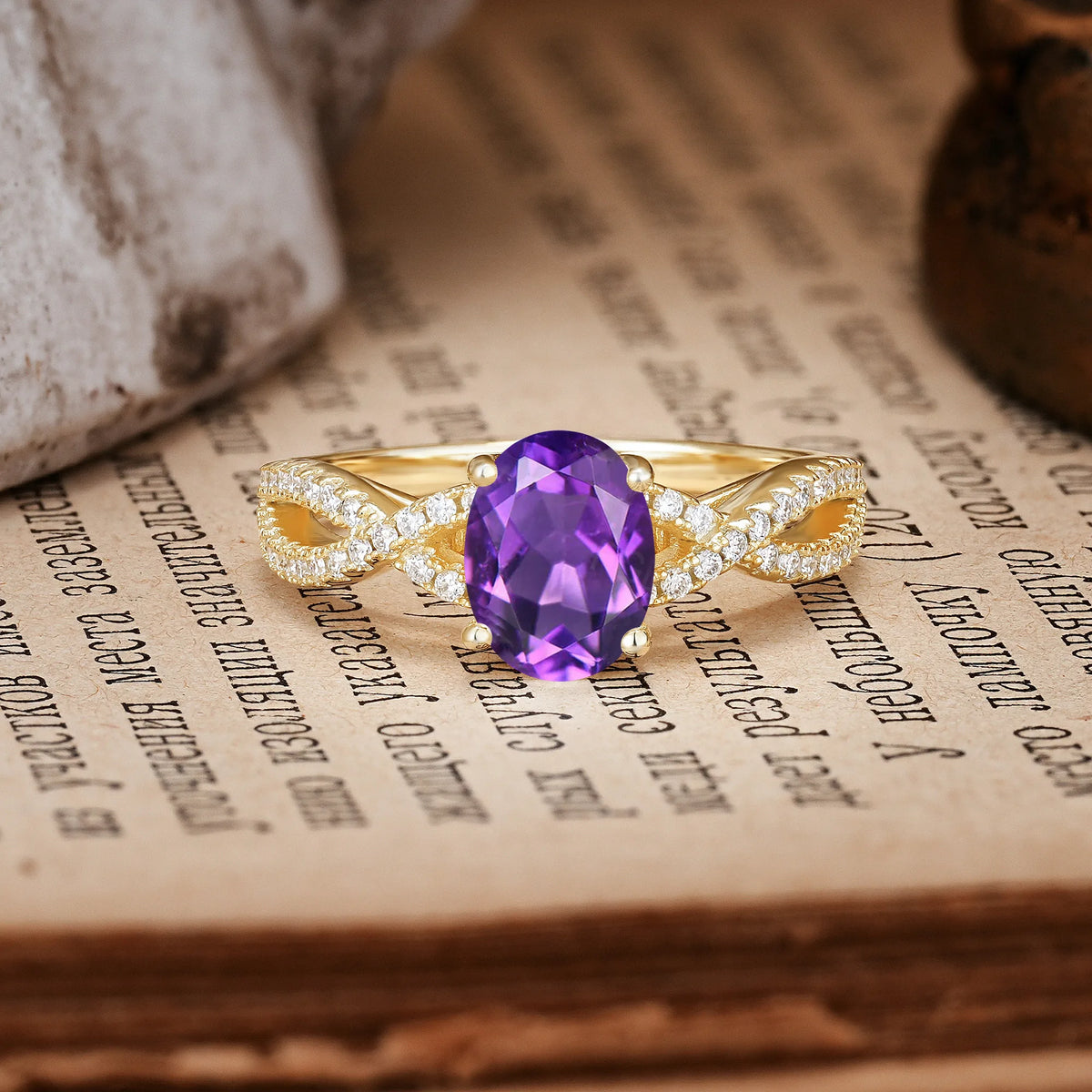 Classic Proposal Gift Oval Cut Infinity Twist Pavé Band Amethyst Engagement Ring