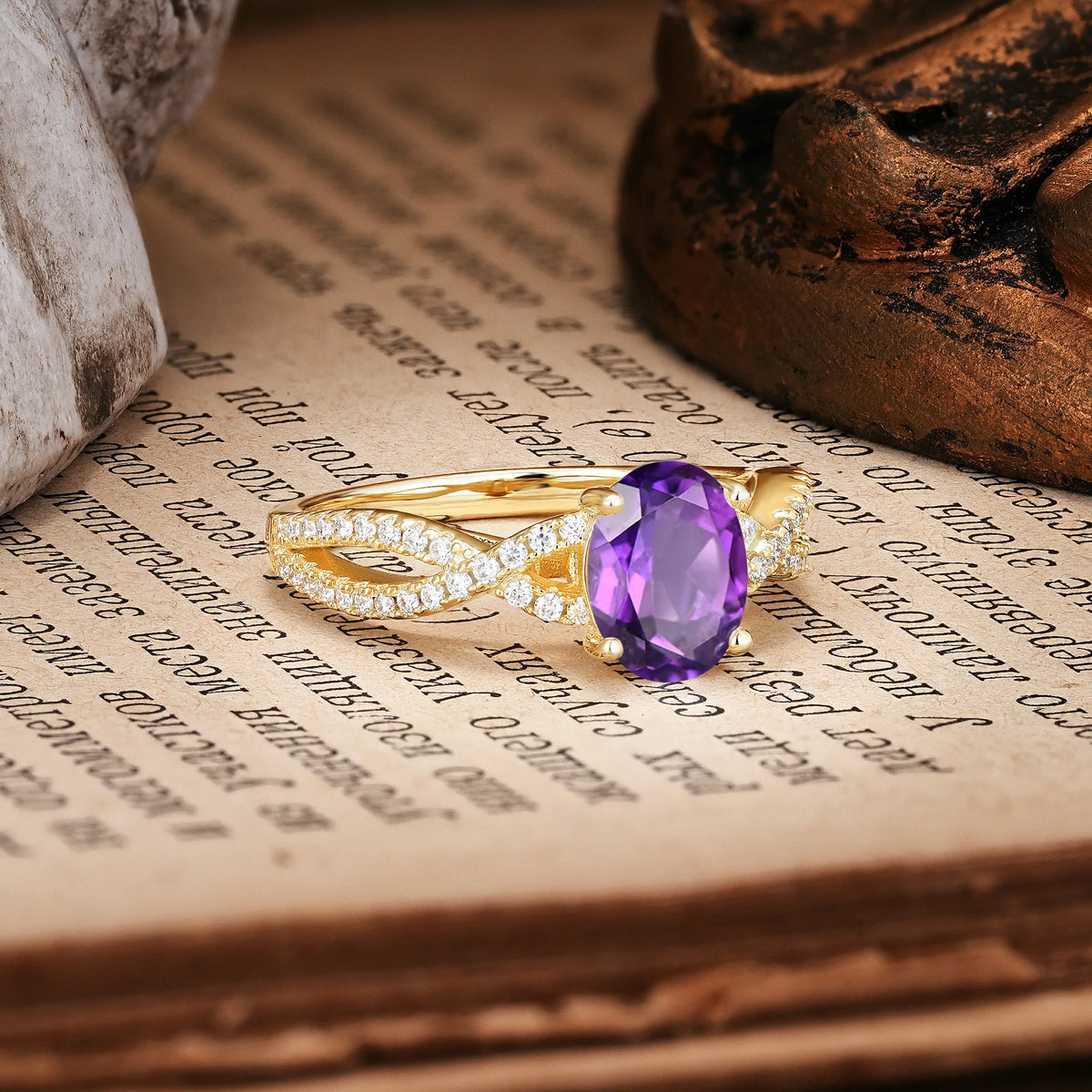 Classic Proposal Gift Oval Cut Infinity Twist Pavé Band Amethyst Engagement Ring