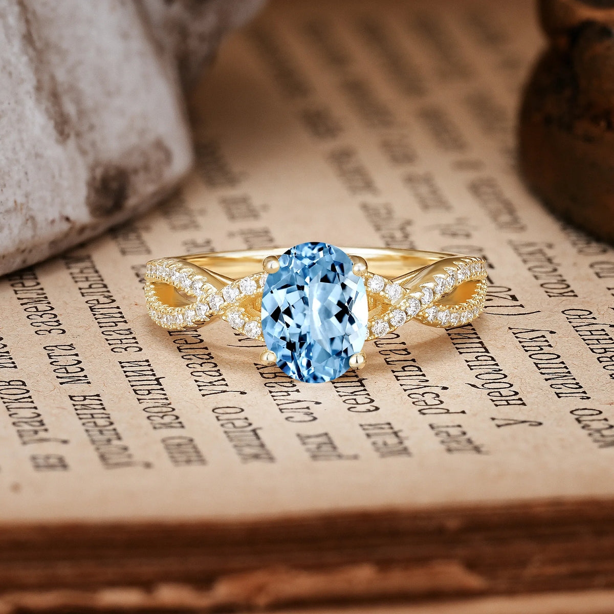 Classic Proposal Gift Oval Cut Infinity Twist Pavé Band Aquamarine Engagement Ring