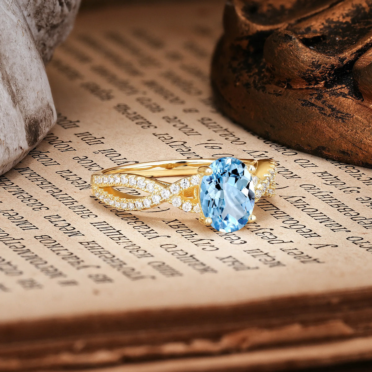 Classic Proposal Gift Oval Cut Infinity Twist Pavé Band Aquamarine Engagement Ring