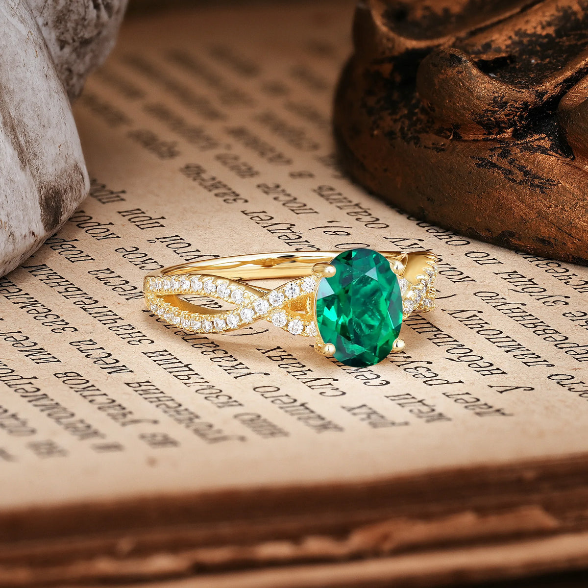 Classic Proposal Gift Oval Cut Infinity Twist Pavé Band Emerald Engagement Ring