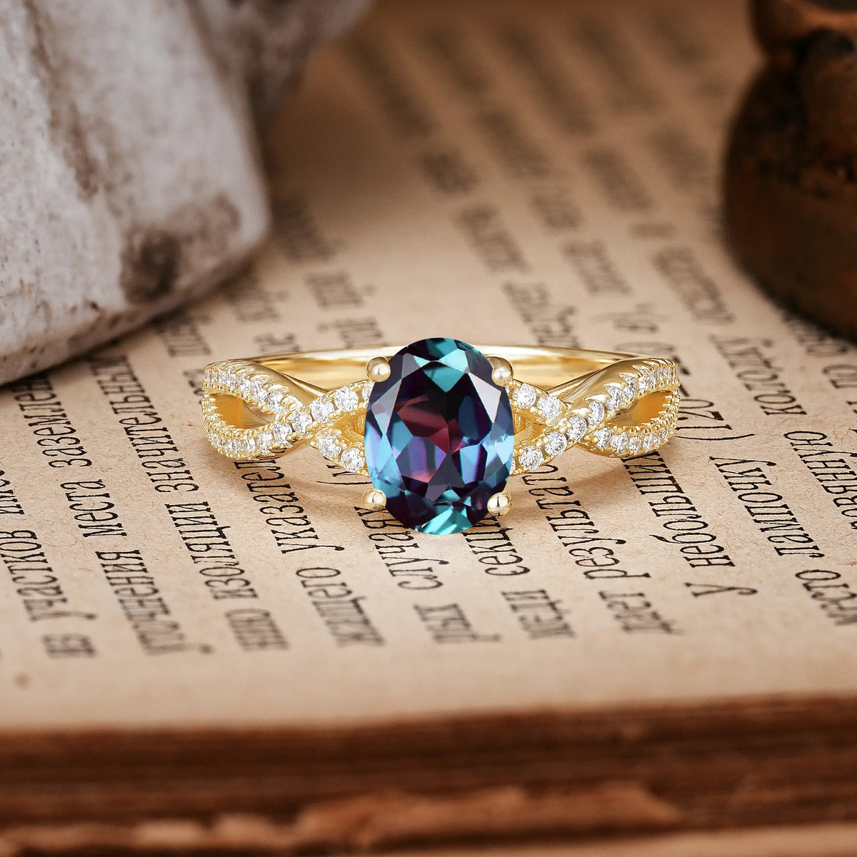 Classic Proposal Gift Oval Cut Infinity Twist Pavé Band Alexandrite Engagement Ring