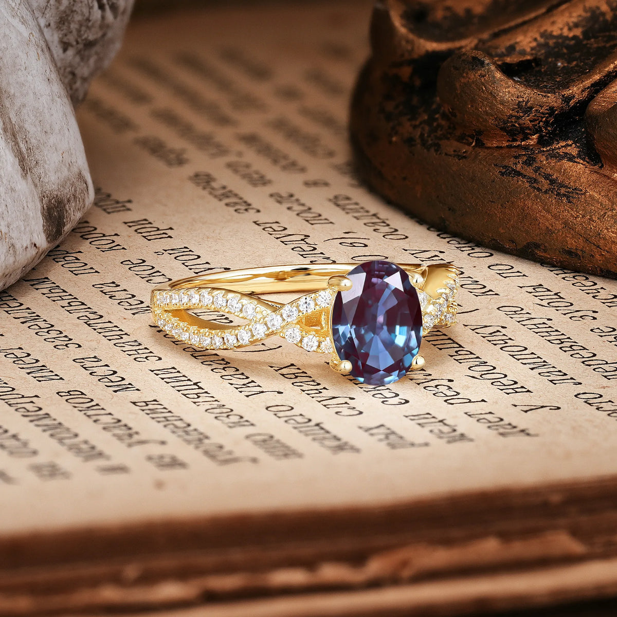 Classic Proposal Gift Oval Cut Infinity Twist Pavé Band Alexandrite Engagement Ring