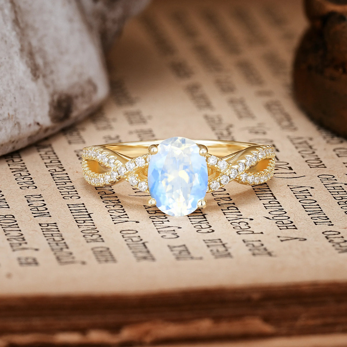 Classic Proposal Gift Oval Cut Infinity Twist Pavé Band Moonstone Engagement Ring