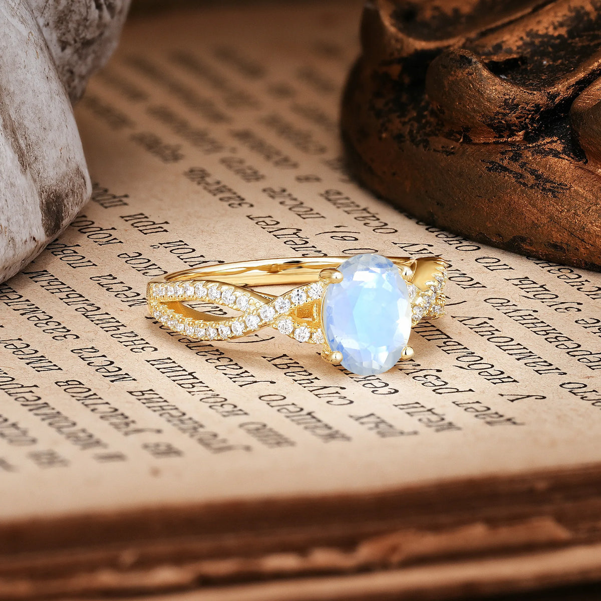 Classic Proposal Gift Oval Cut Infinity Twist Pavé Band Moonstone Engagement Ring