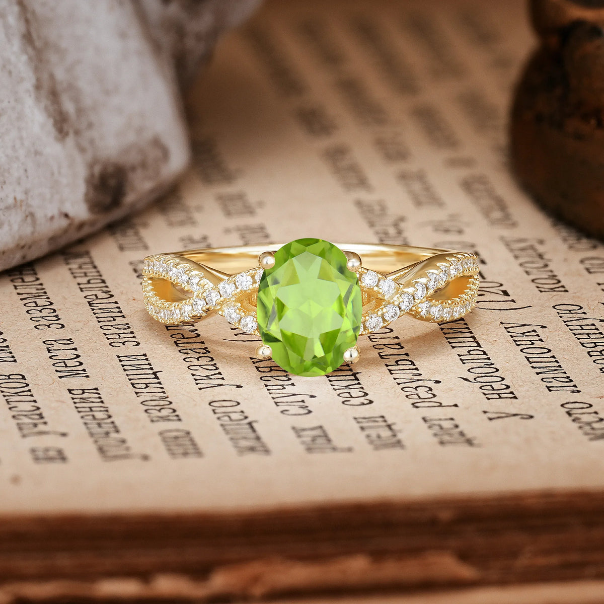 Classic Proposal Gift Oval Cut Infinity Twist Pavé Band Peridot Engagement Ring