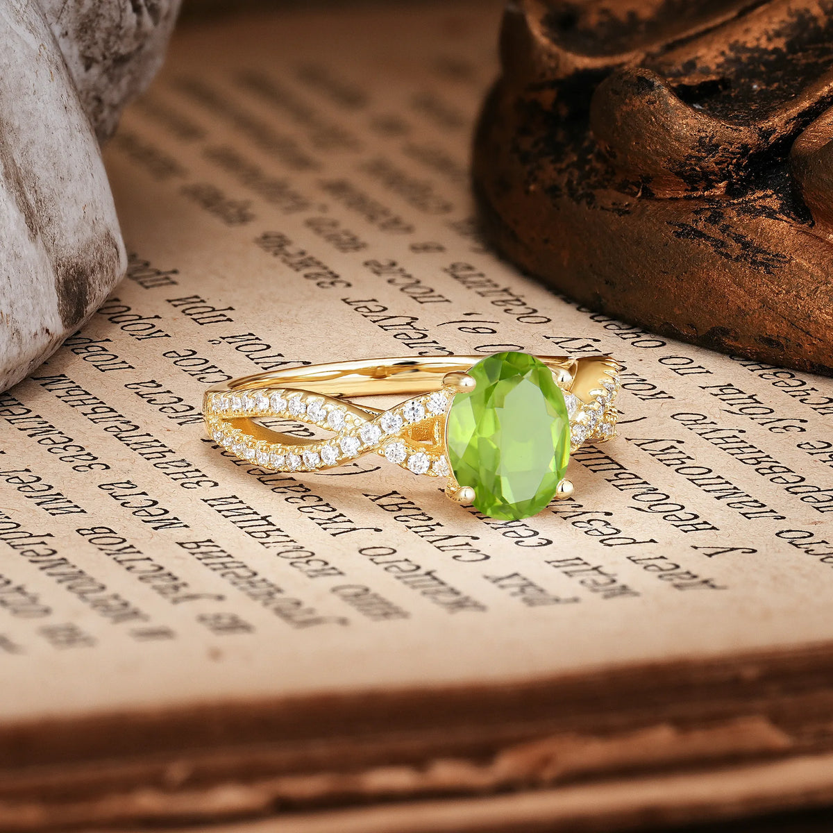 Classic Proposal Gift Oval Cut Infinity Twist Pavé Band Peridot Engagement Ring