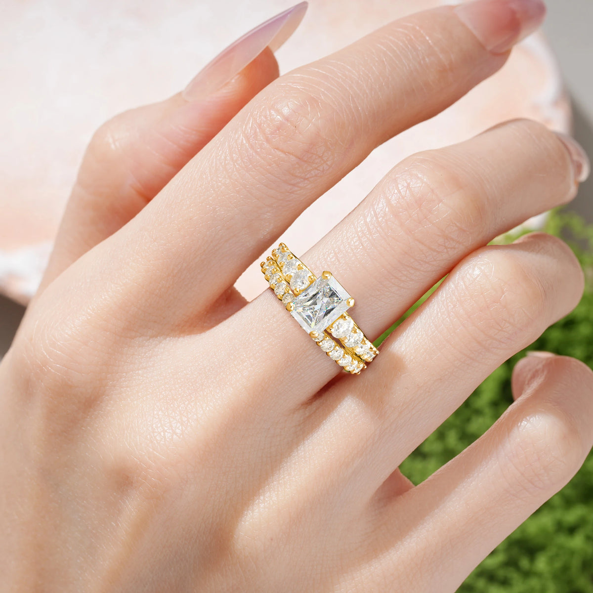 Emerald Cut Moissanite Grand Prong-Held Bridal Ring Set