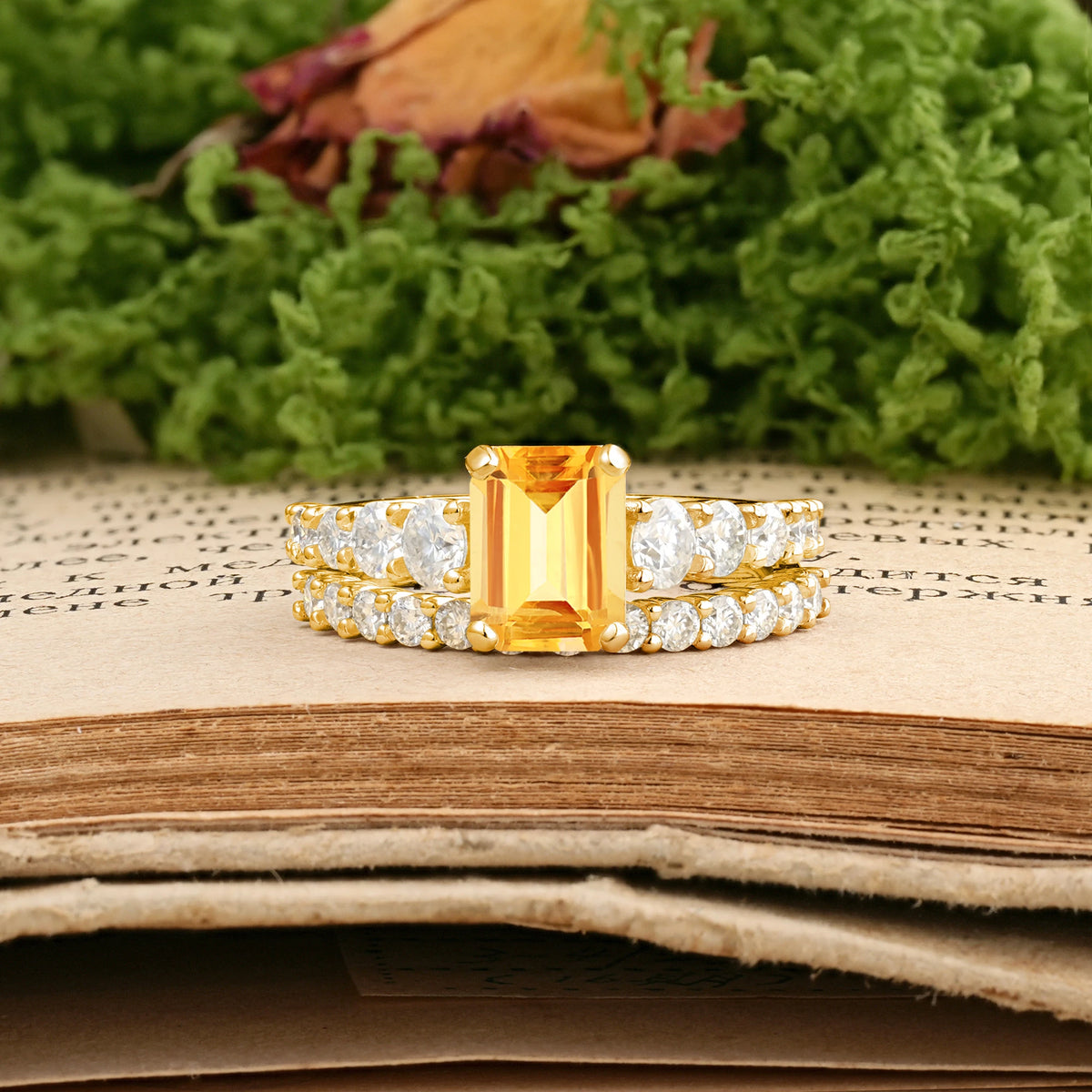 Emerald Cut Citrine Grand Prong-Held Bridal Ring Set