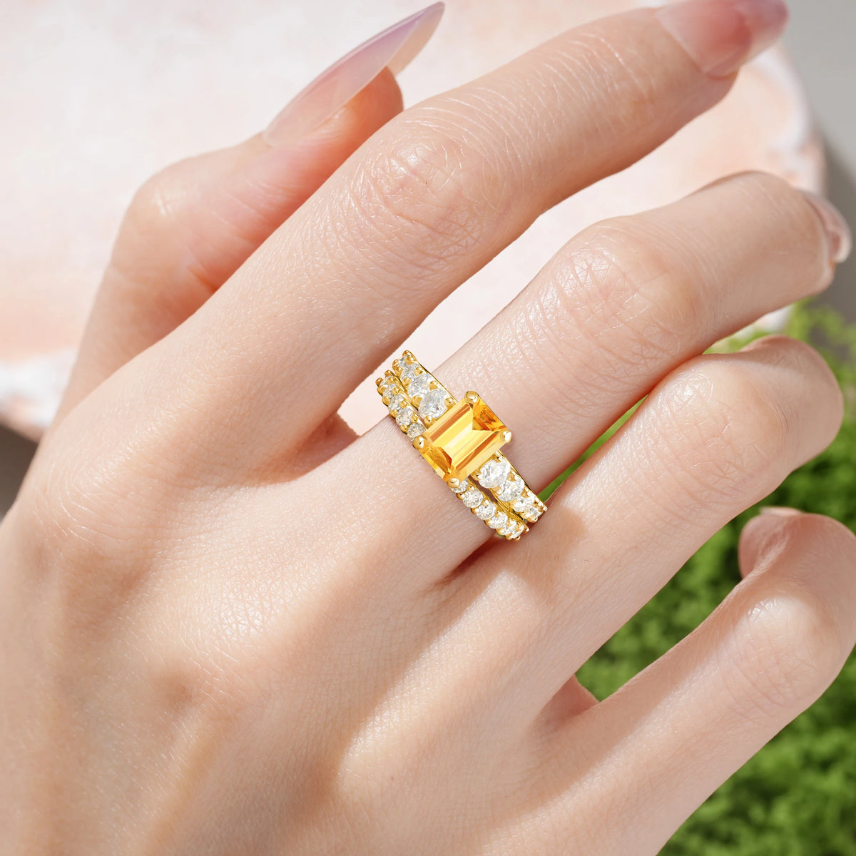 Emerald Cut Citrine Grand Prong-Held Bridal Ring Set
