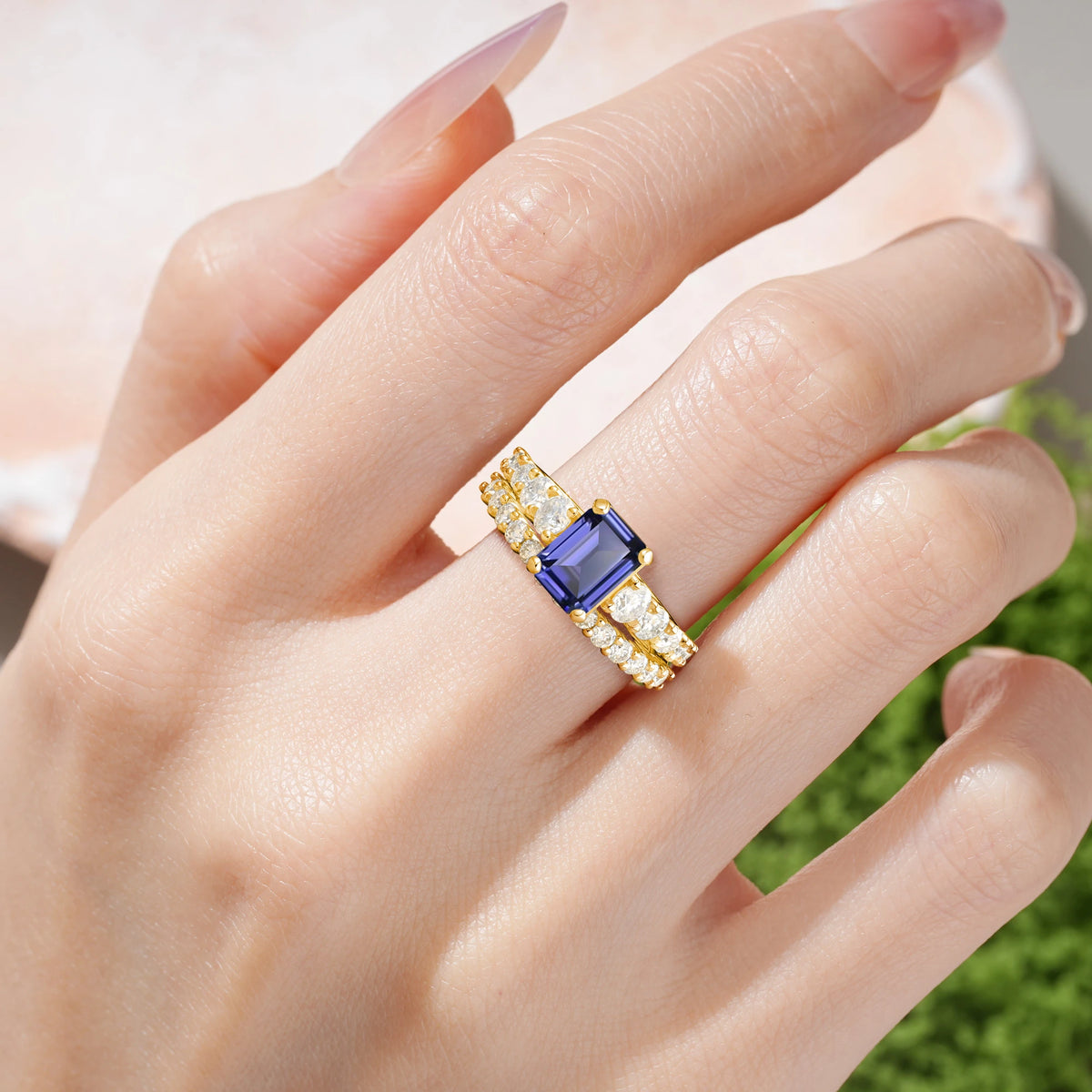 Emerald Cut Tanzanite Grand Prong-Held Bridal Ring Set