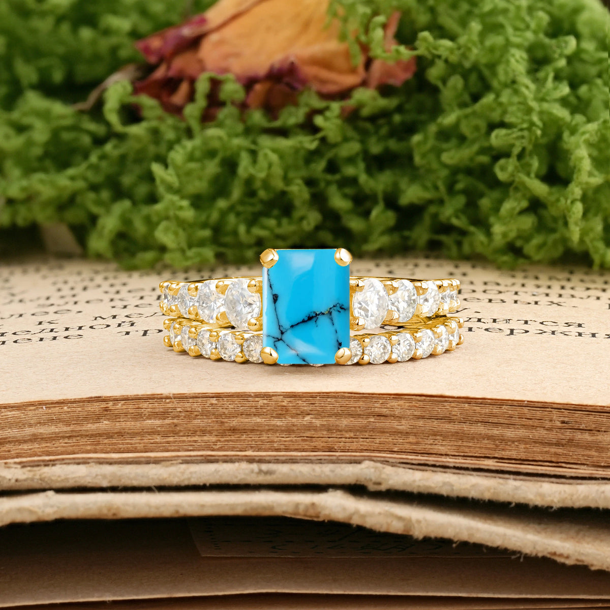 Emerald Cut Turquoise Grand Prong-Held Bridal Ring Set