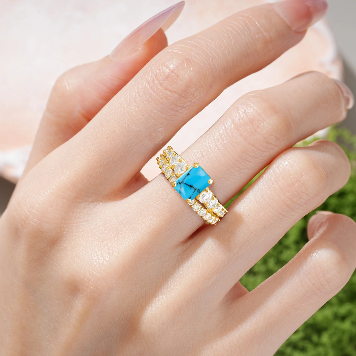 Emerald Cut Turquoise Grand Prong-Held Bridal Ring Set