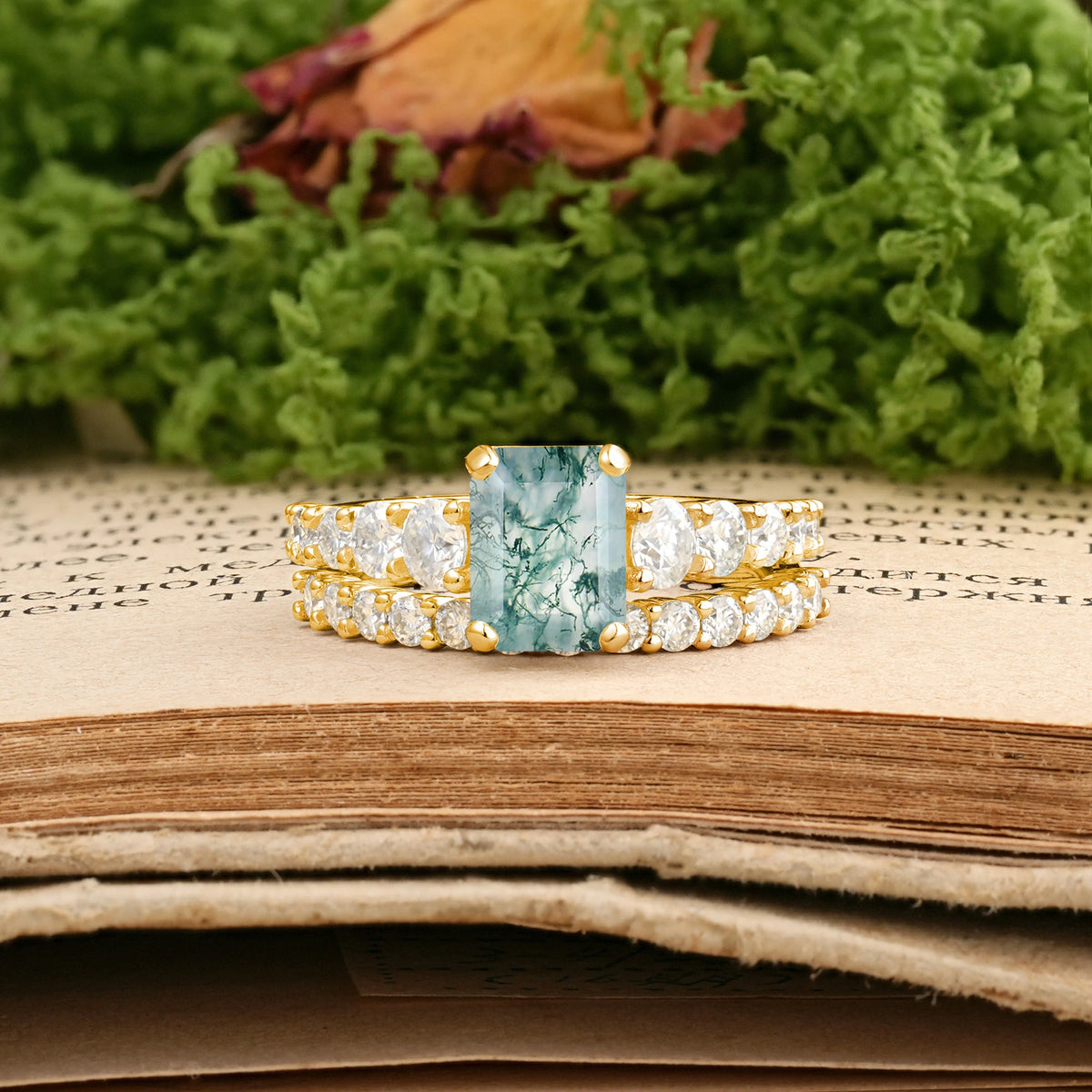 Emerald Cut Moss Agate Grand Prong-Held Bridal Ring Set