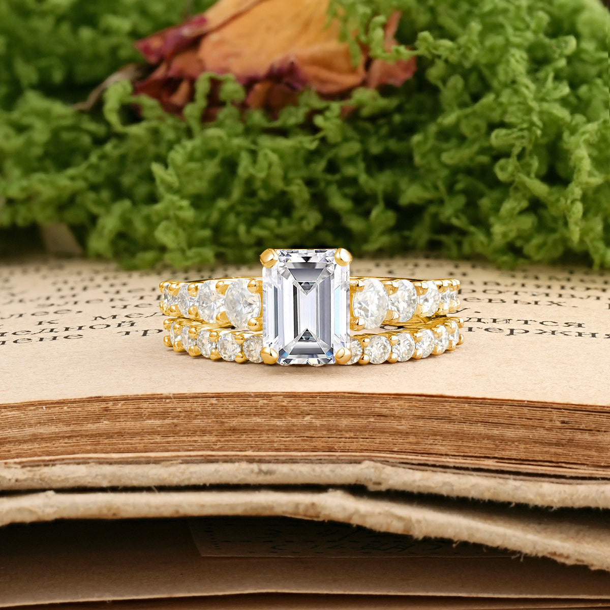 Emerald Cut Lab Diamond Grand Prong-Held Bridal Ring Set