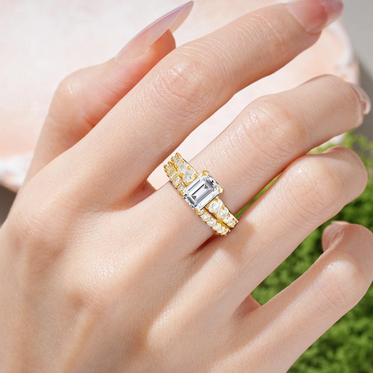 Emerald Cut Lab Diamond Grand Prong-Held Bridal Ring Set