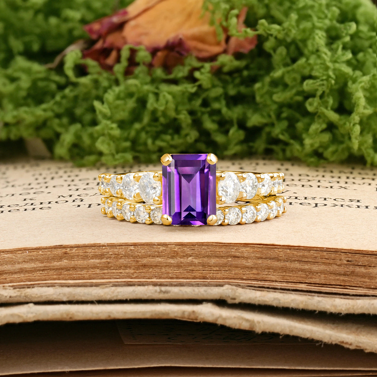 Emerald Cut Amethyst Grand Prong-Held Bridal Ring Set