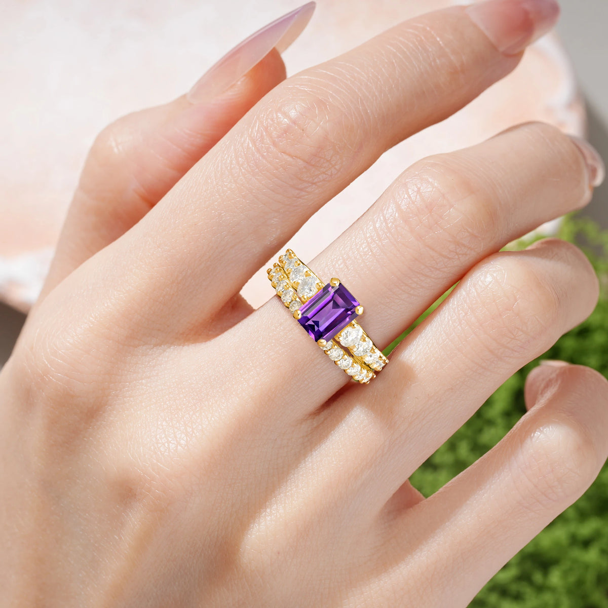 Emerald Cut Amethyst Grand Prong-Held Bridal Ring Set