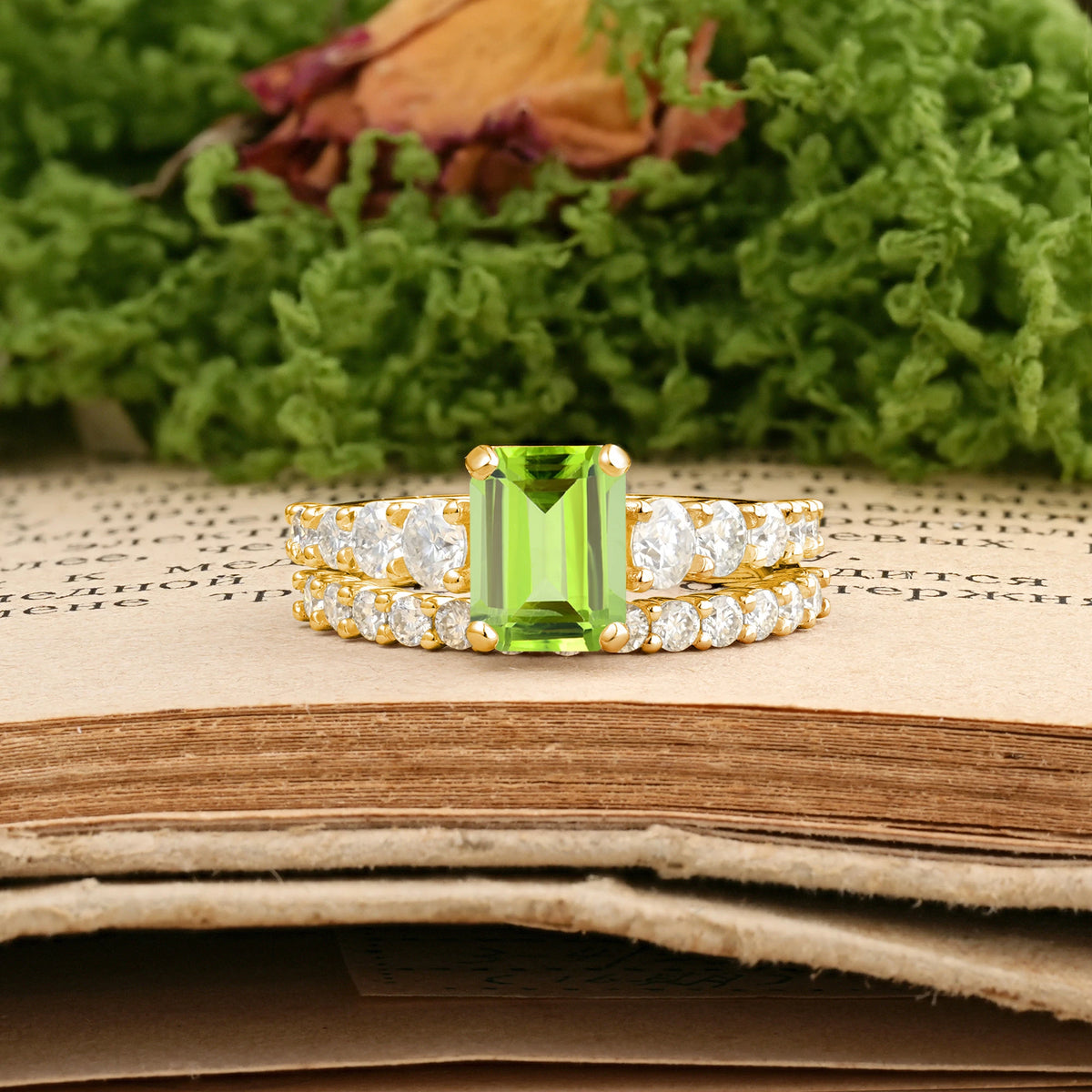 Emerald Cut Peridot Grand Prong-Held Bridal Ring Set