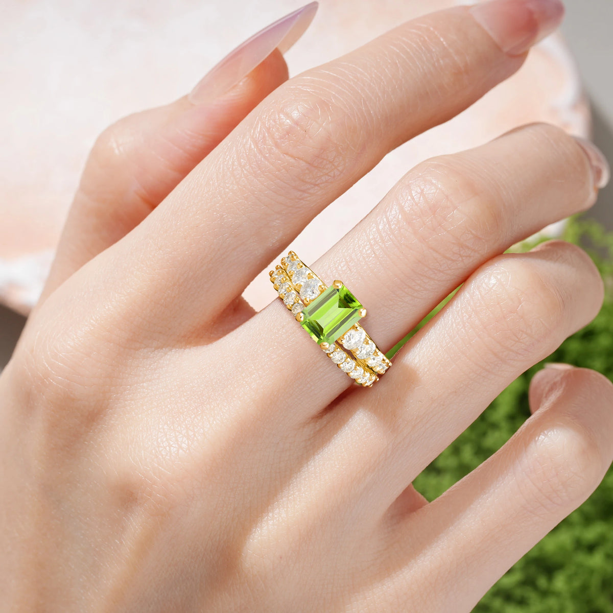 Emerald Cut Peridot Grand Prong-Held Bridal Ring Set