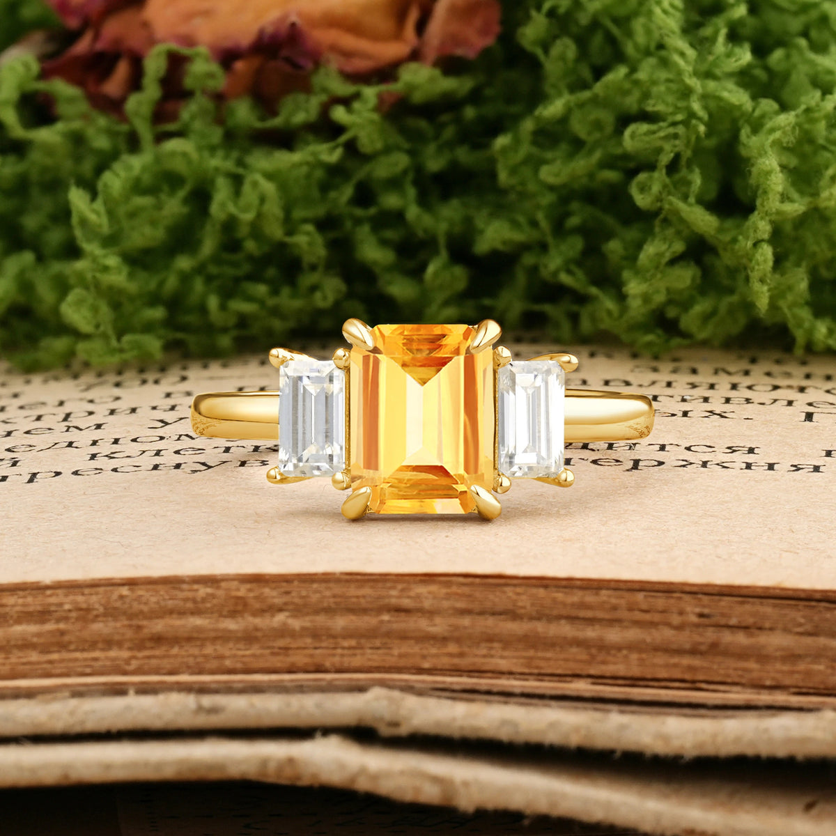 Emerald Cut Citrine Three‑Stone Prong‑Set Engagement Ring