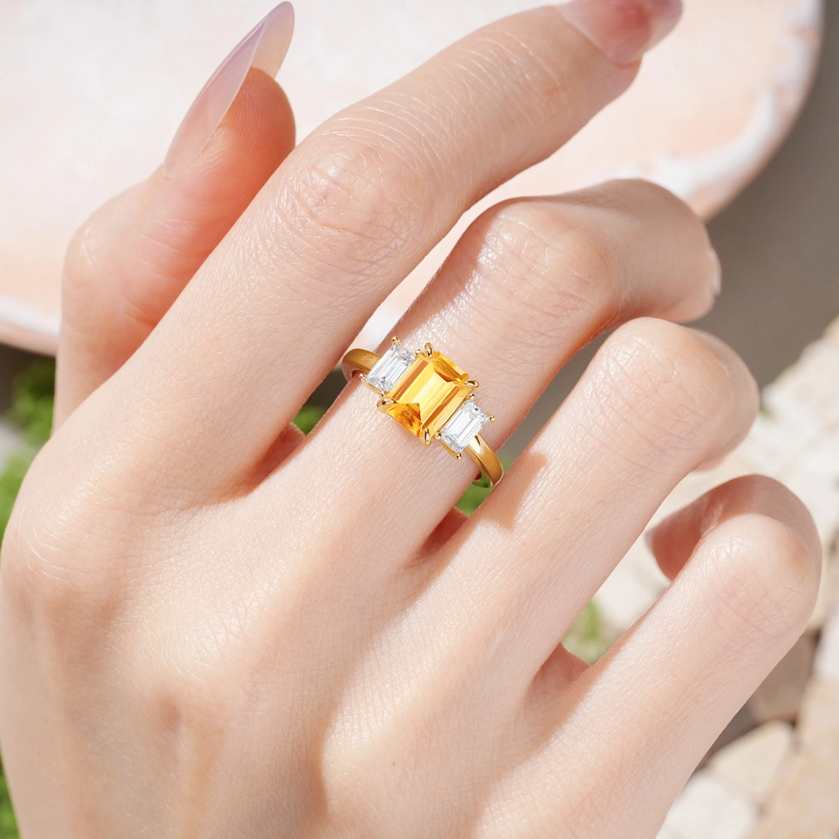Emerald Cut Citrine Three‑Stone Prong‑Set Engagement Ring