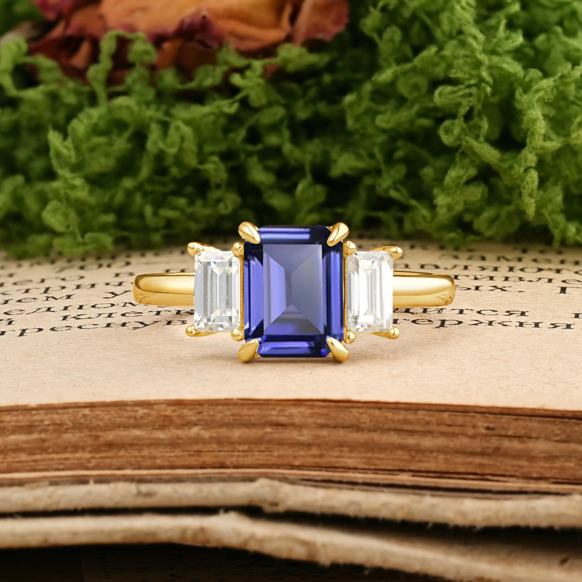 Emerald Cut Tanzanite Three‑Stone Prong‑Set Engagement Ring