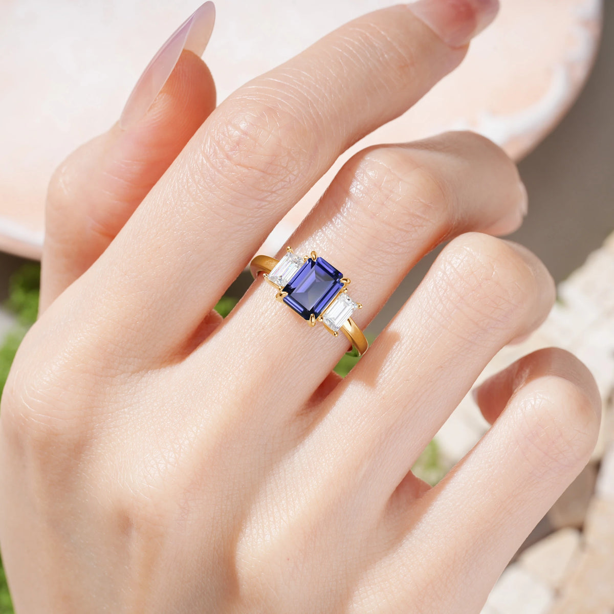 Emerald Cut Tanzanite Three‑Stone Prong‑Set Engagement Ring