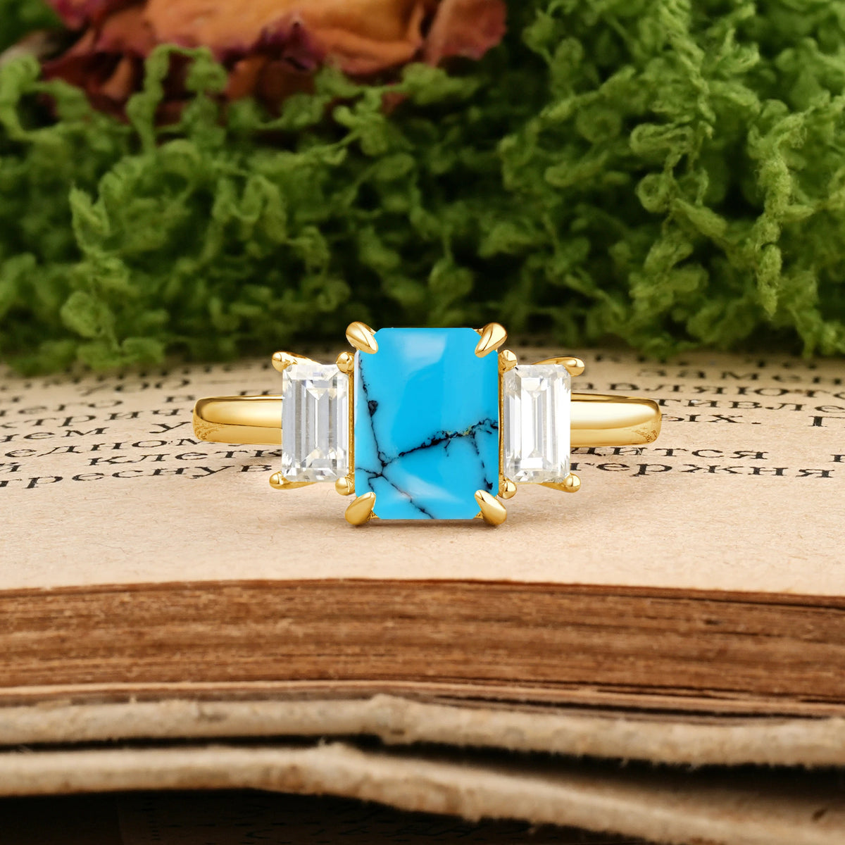 Emerald Cut Turquoise Three‑Stone Prong‑Set Engagement Ring