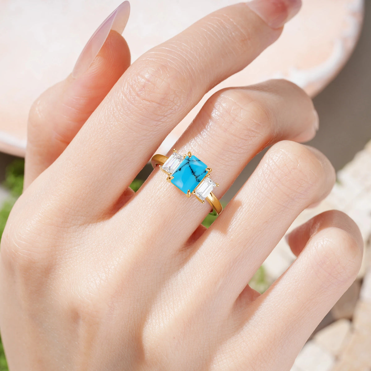 Emerald Cut Turquoise Three‑Stone Prong‑Set Engagement Ring