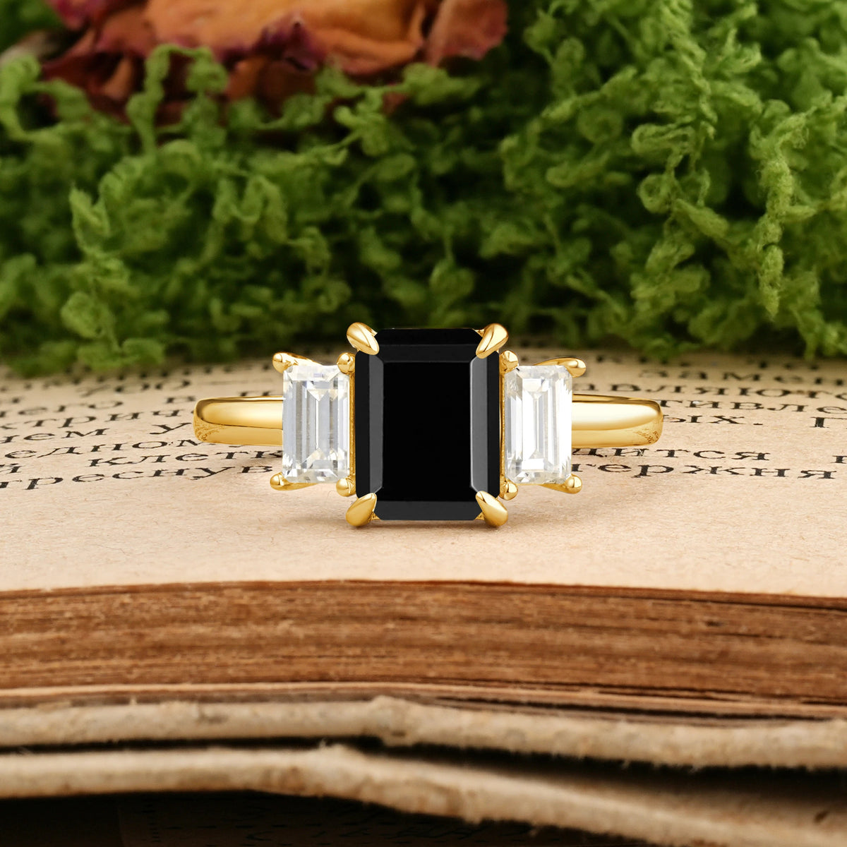 Emerald Cut Black Onyx Three‑Stone Prong‑Set Engagement Ring