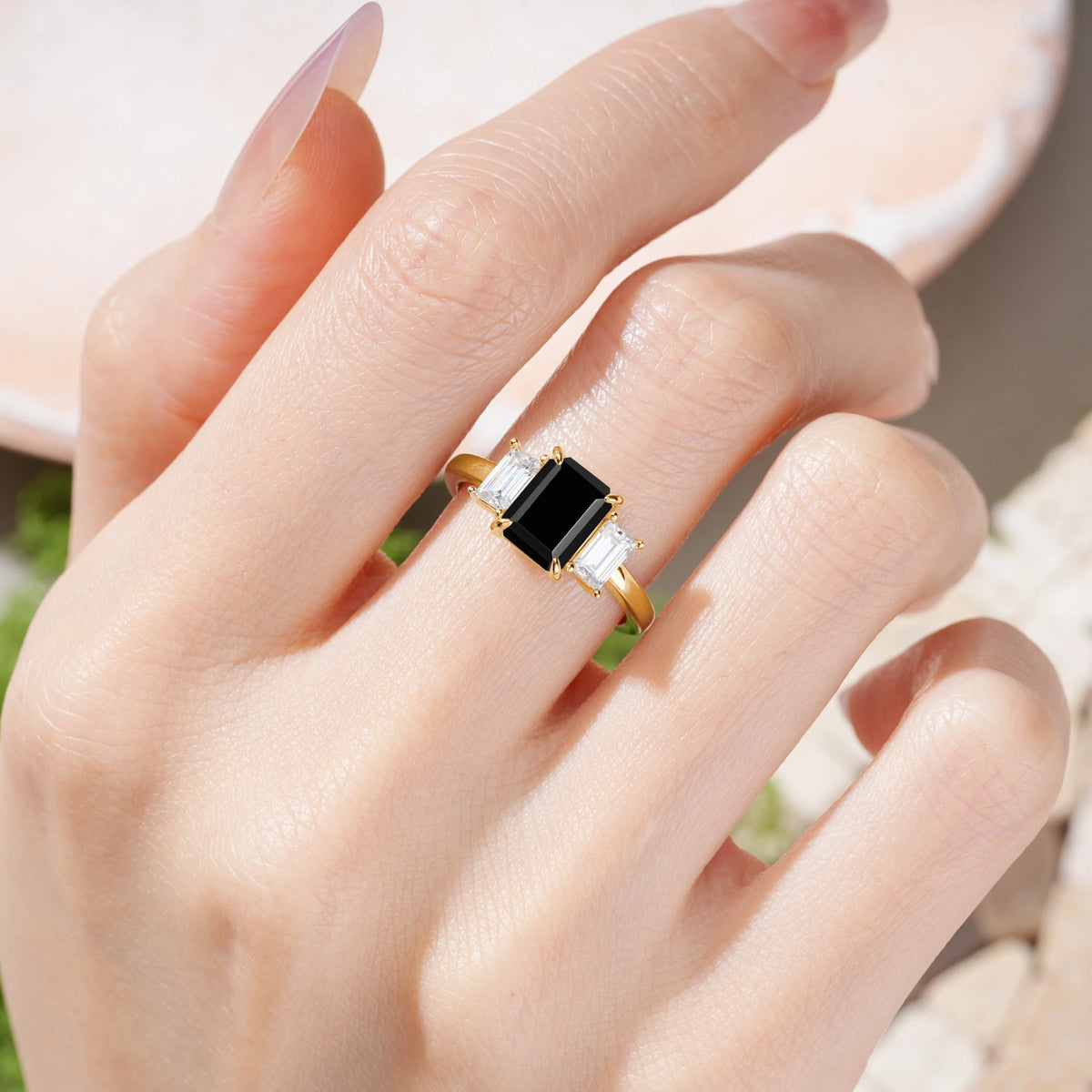 Emerald Cut Black Onyx Three‑Stone Prong‑Set Engagement Ring