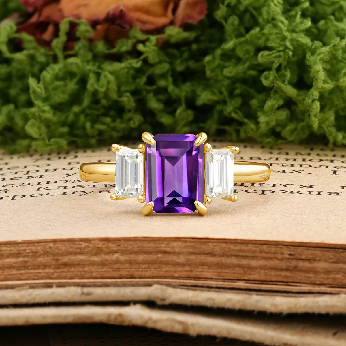 Emerald Cut Amethyst Three‑Stone Prong‑Set Engagement Ring
