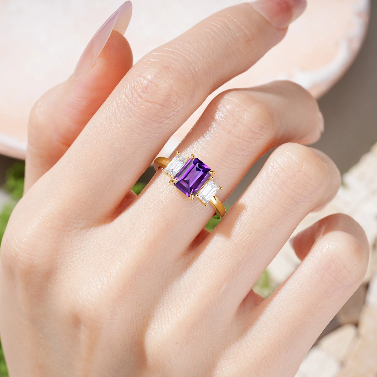 Emerald Cut Amethyst Three‑Stone Prong‑Set Engagement Ring