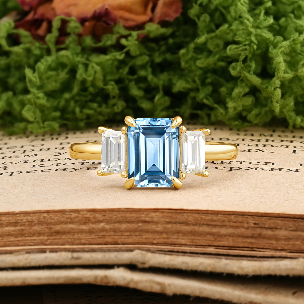 Emerald Cut Aquamarine Three‑Stone Prong‑Set Engagement Ring