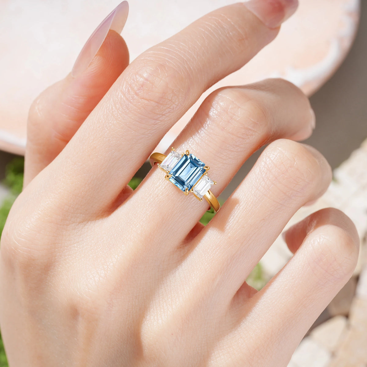 Emerald Cut Aquamarine Three‑Stone Prong‑Set Engagement Ring