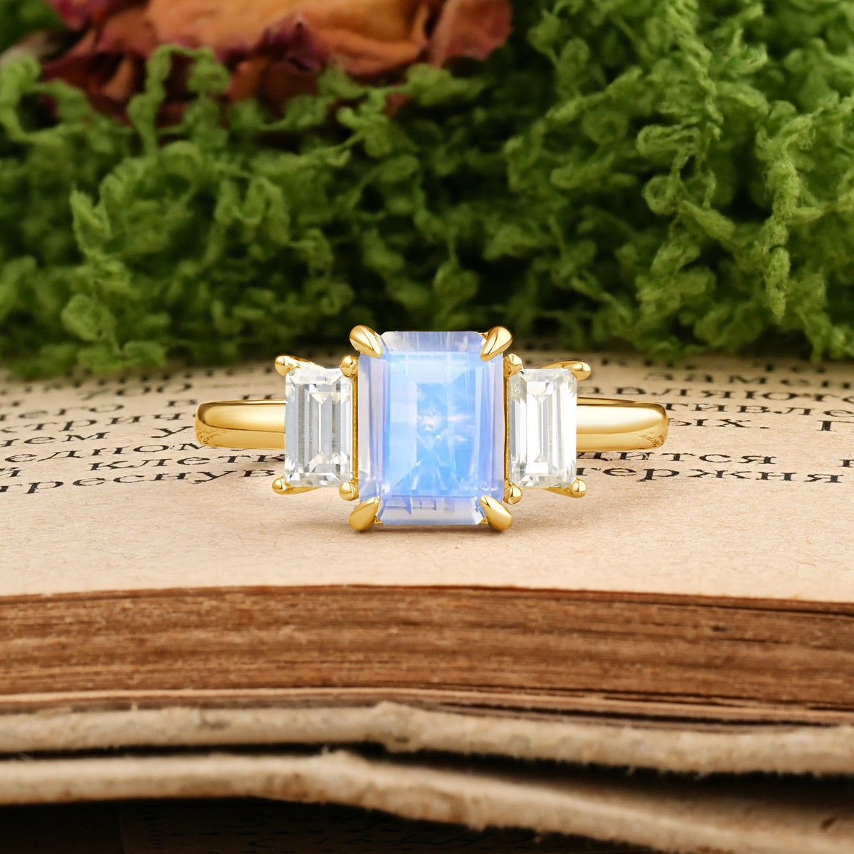 Emerald Cut Moonstone Three‑Stone Prong‑Set Engagement Ring