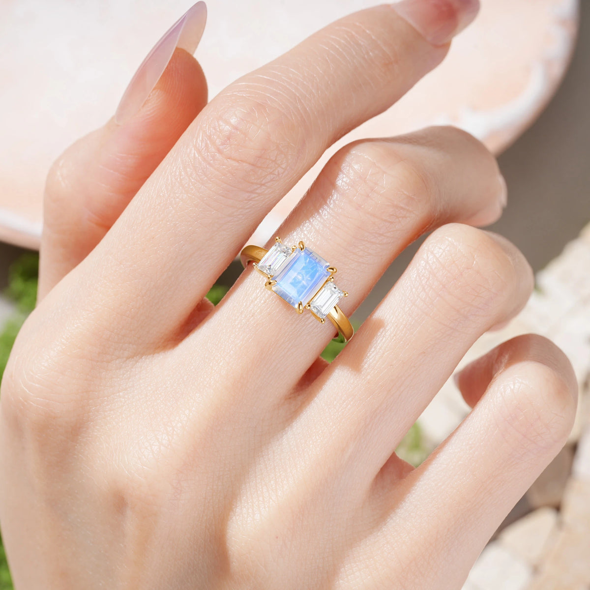 Emerald Cut Moonstone Three‑Stone Prong‑Set Engagement Ring