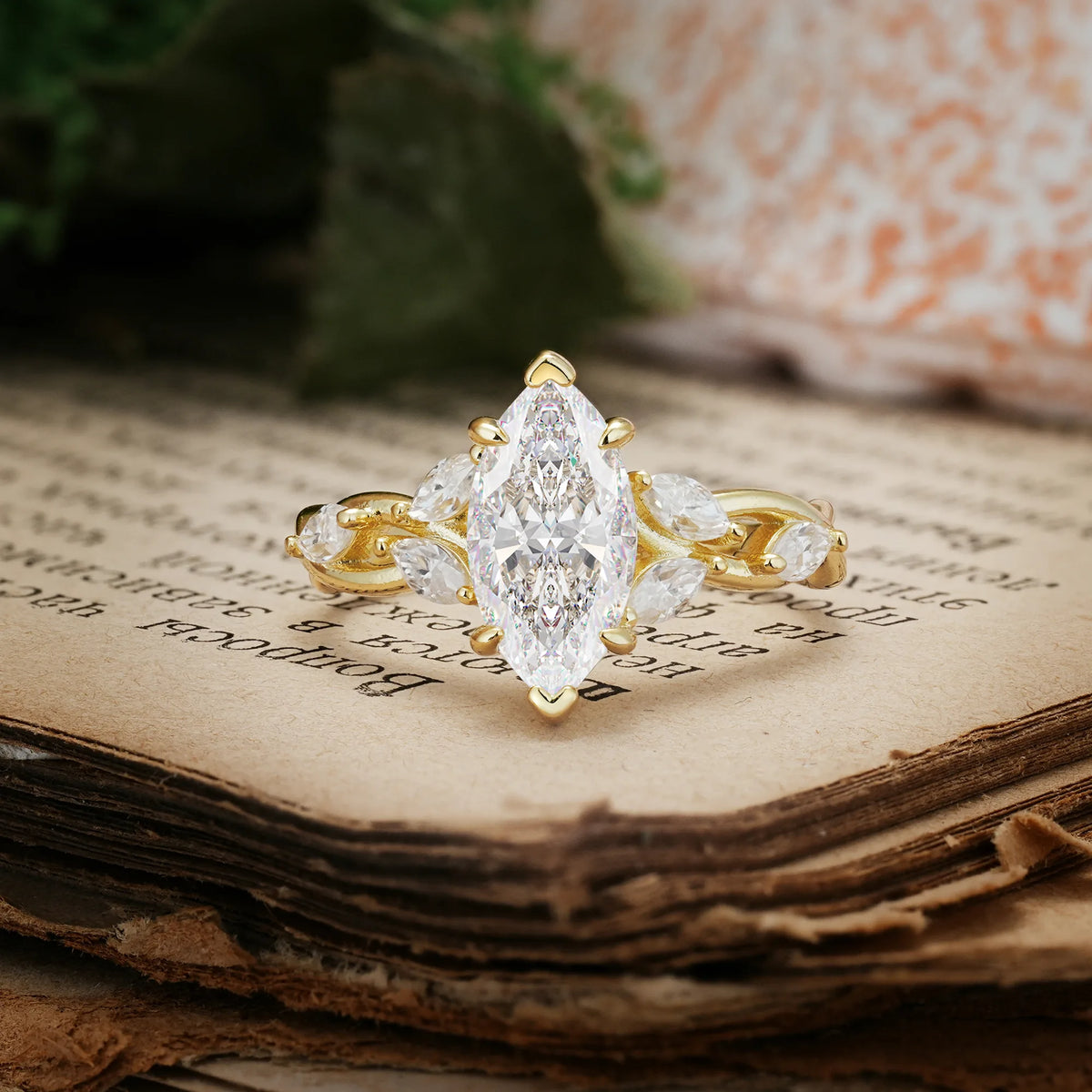 Elegant Forest Branch Multi Marquise Side Accent Long Marquise Cut Moissanite Engagement Ring