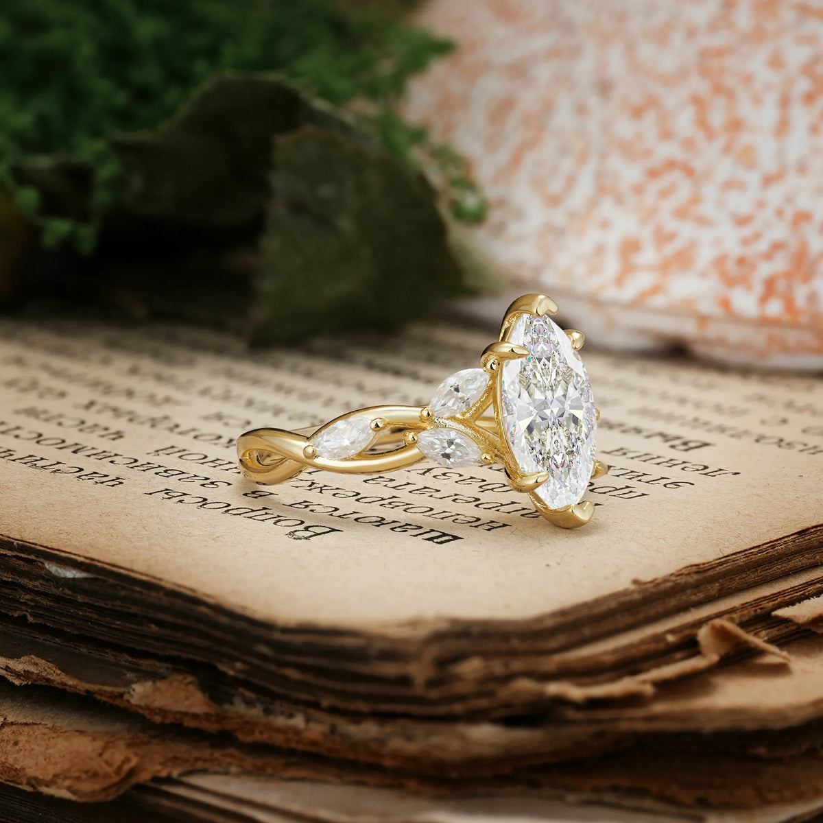 Elegant Forest Branch Multi Marquise Side Accent Long Marquise Cut Moissanite Engagement Ring