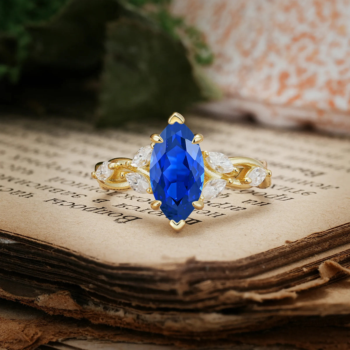 Elegant Forest Branch Multi Marquise Side Accent Long Marquise Cut Sapphire Engagement Ring